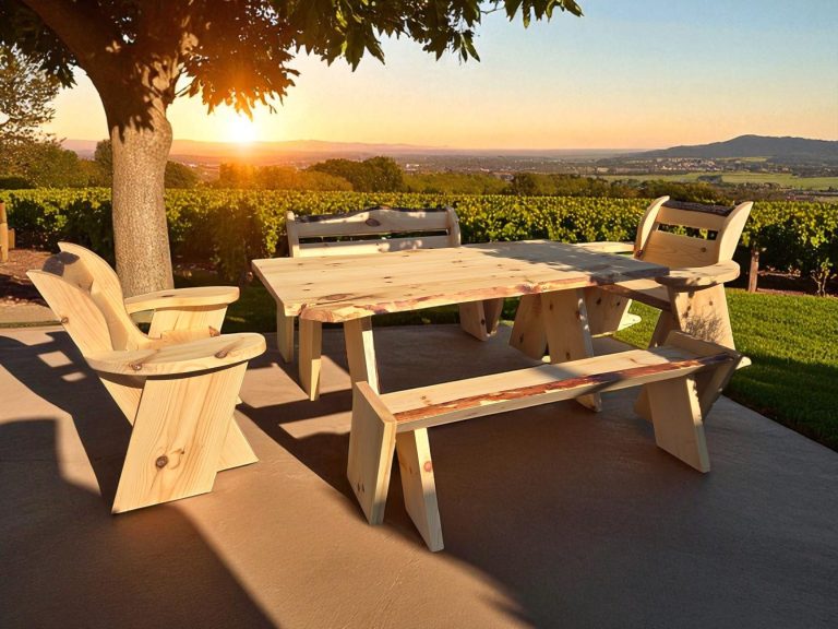 handcrafted wooden patio furniture set with a table and four chairs on a sunny deck.