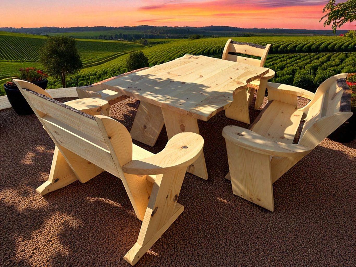 locally handmade outdoor dining set with chairs, benches and a table made from pine wood beside a pool on a sunny day.